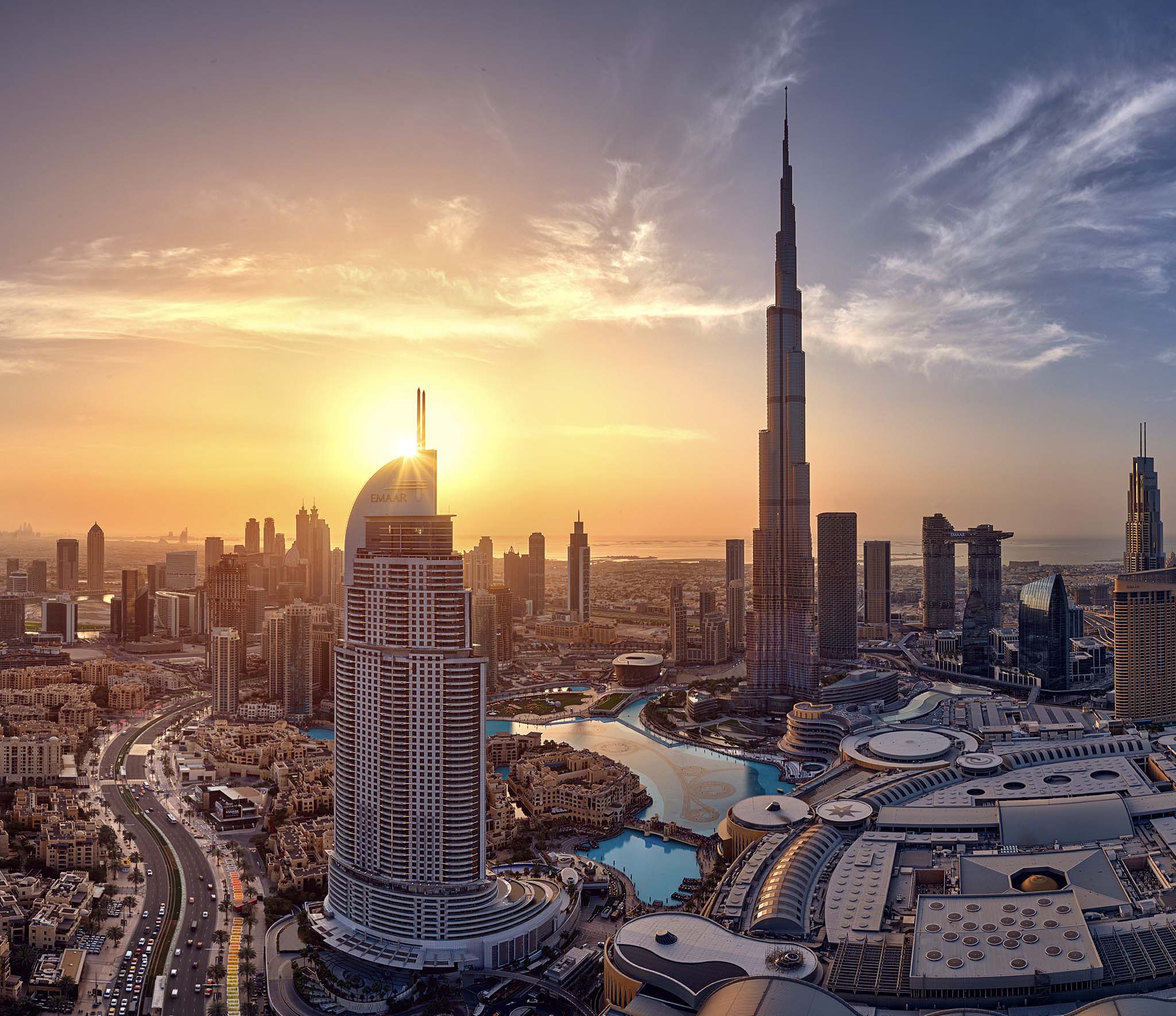 Dubai Downtown solnedgang ved Burj Khalifa